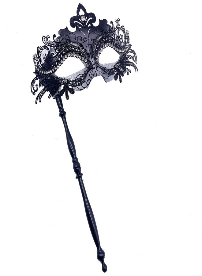 Geek-M Masquerade Mask for Women/Men, Fancy Party Face Mask Venetian Mask for Prom Ball Halloween Mardi Gras (masquerade mask with stick Sliver+Black) - Image 1